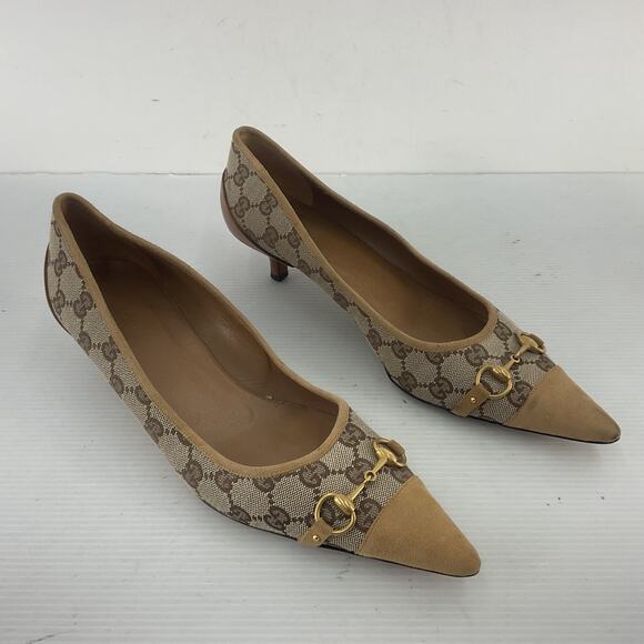 Gucci Brown/Tan Logo Canvas/Suede Horsebit Kitten Pump Heels Women’s 10 Preowned - Picture 2 of 8